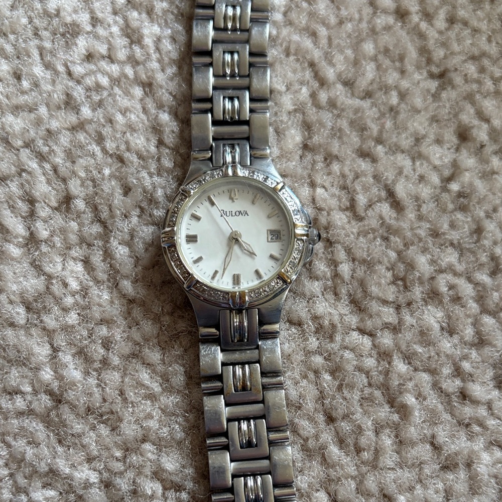 Bulova Silver and White Women's Bracelet Watch with diamond accents